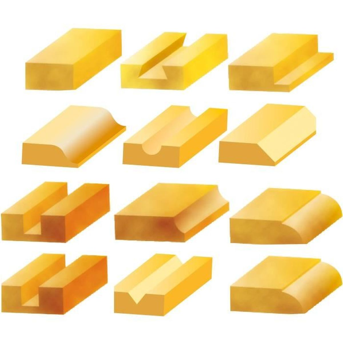 Neun Holzblöcke mit unterschiedlichen Formen und Kanten, in einem Raster angeordnet.