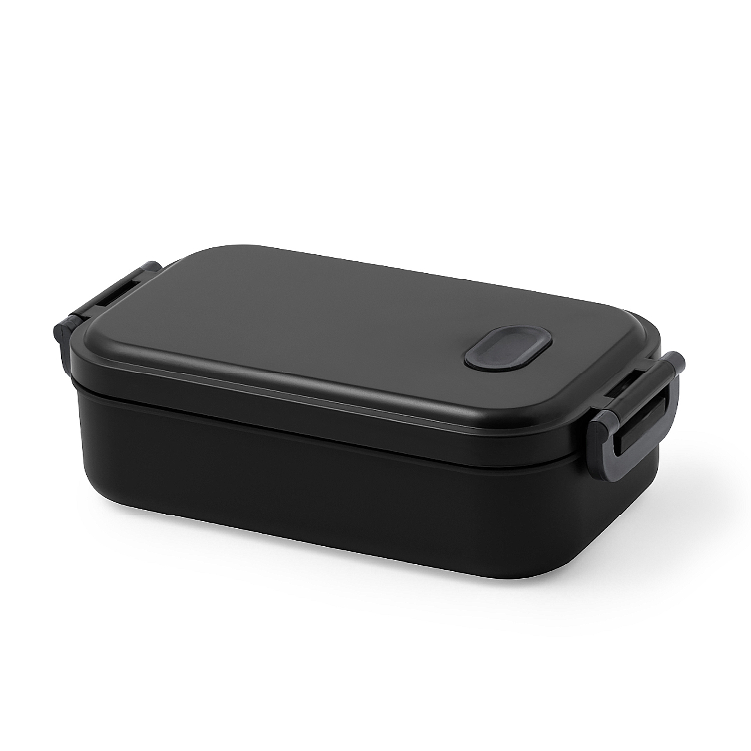 Un contenitore per il pranzo nero con una forma rettangolare arrotondata e un fermo grigio scuro.