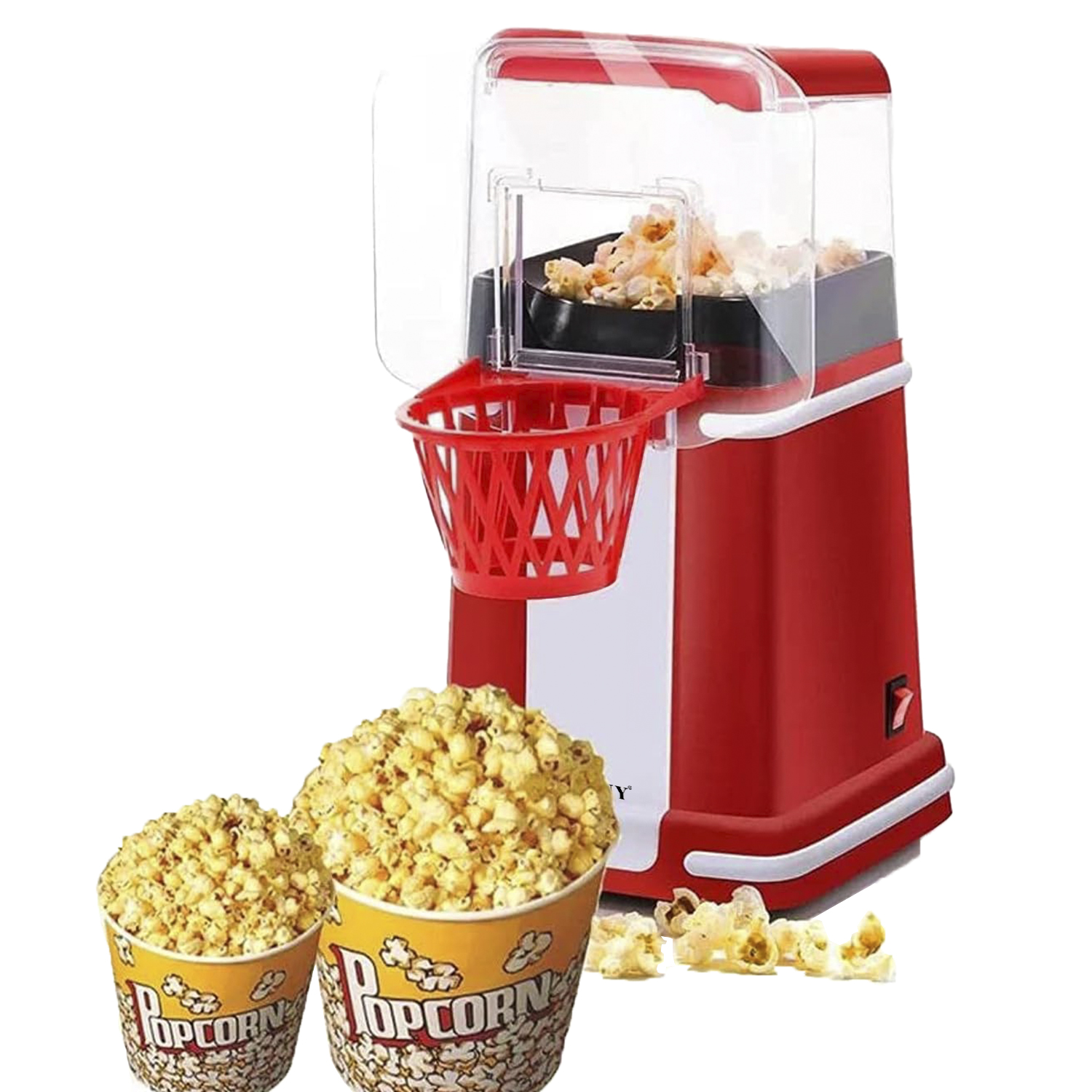 Roter und weißer Popcorn-Maker mit zwei Popcorn-Bechern und verschüttetem Popcorn.