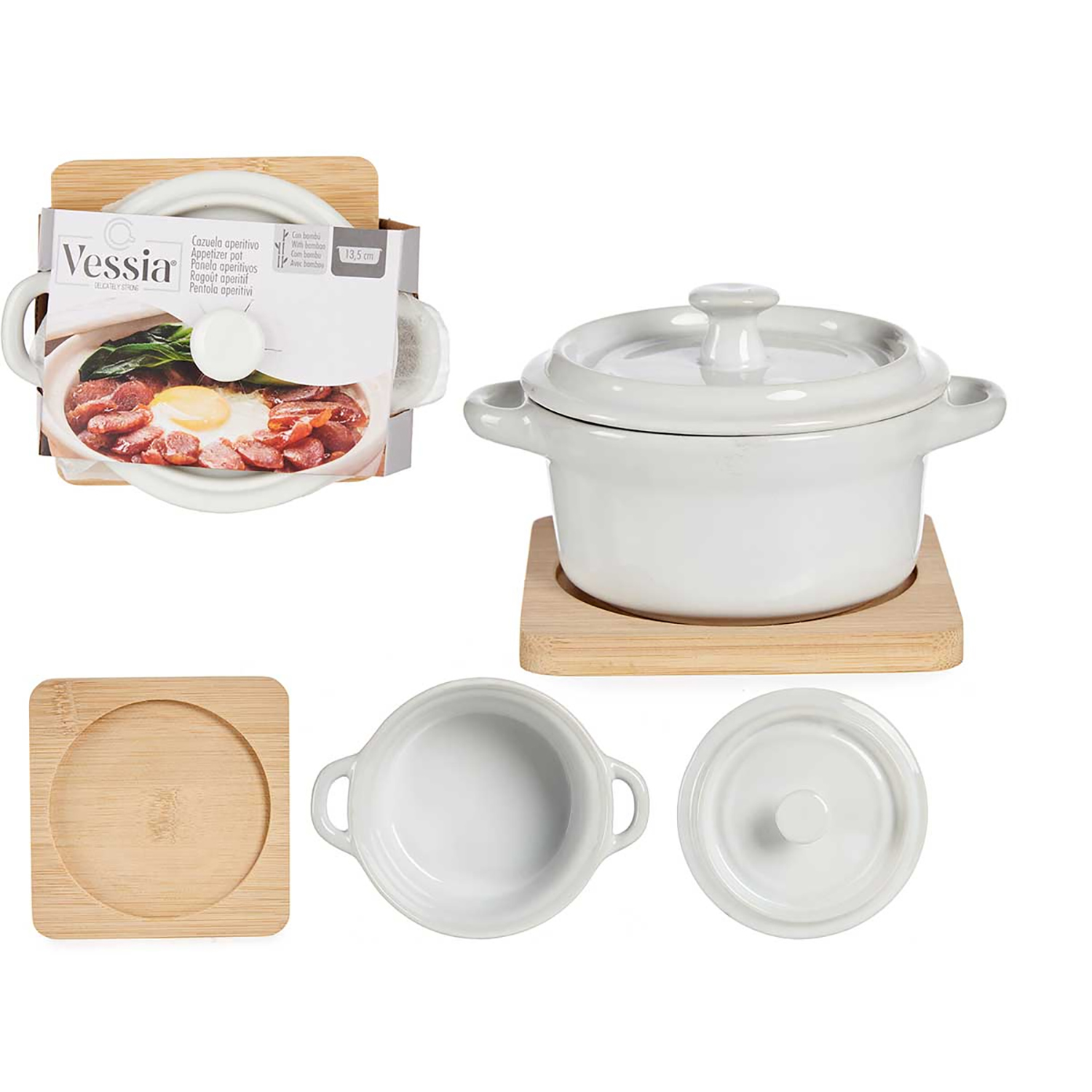 Weißer Keramiktopf mit Deckel und Bambusbasis. Box zeigt Topf mit Essen.