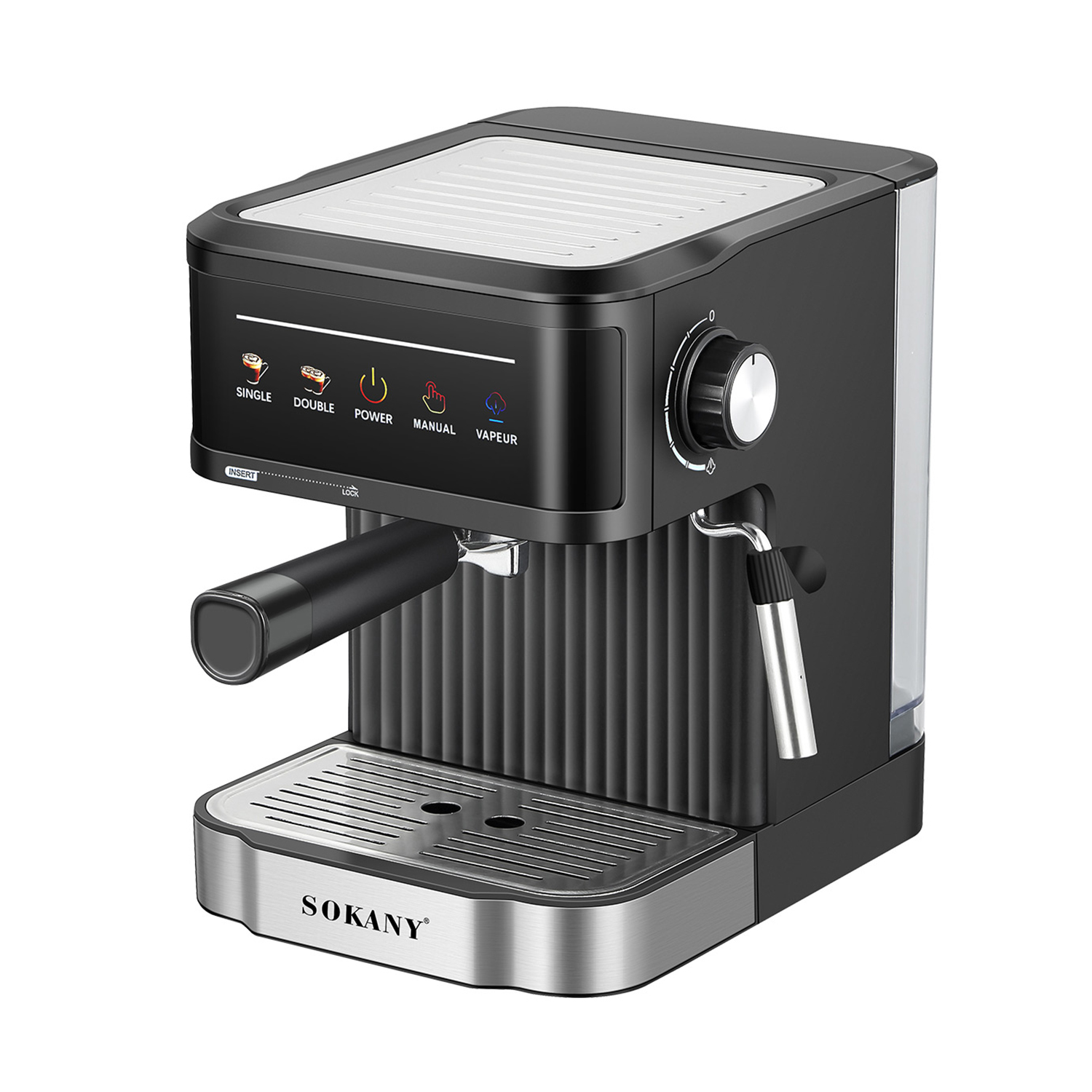 Macchina per caffè espresso nera e argento con diversi pulsanti, un quadrante e un portafiltro.