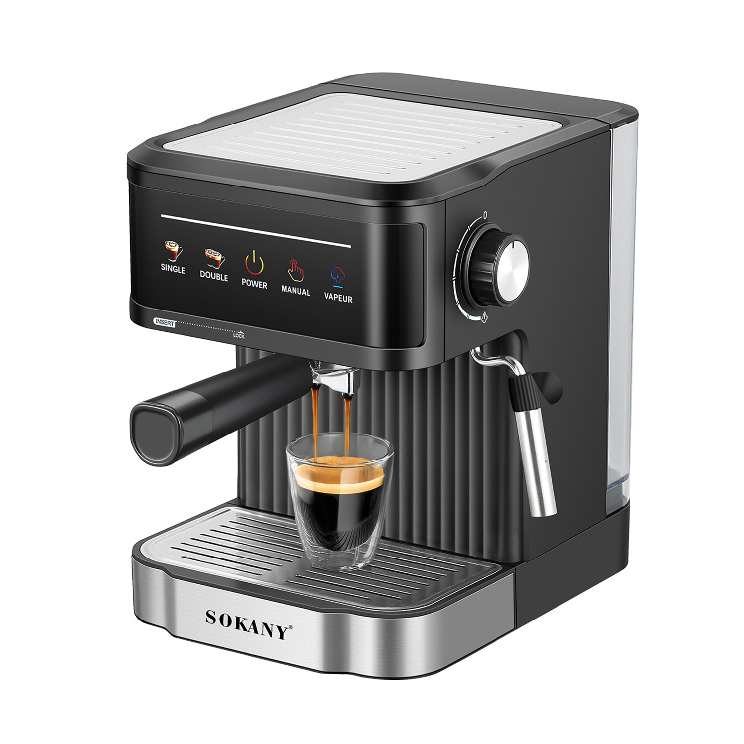 Macchina per espresso nera e argento. Il caffè viene versato in un bicchiere. Marchio SOKANY visibile.