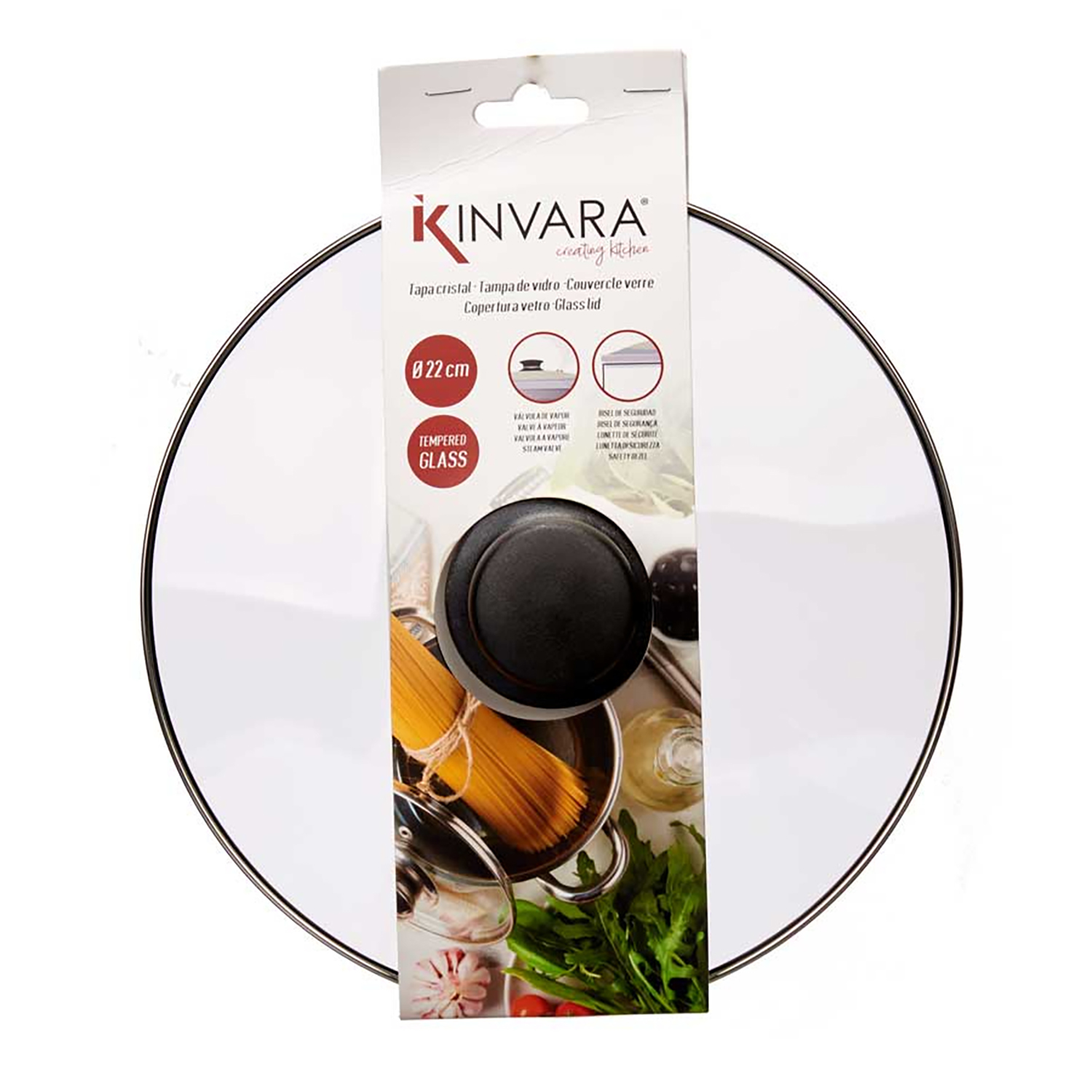 Coperchio in vetro con manico nero. Un cartone mostra altri accessori da cucina. Sfondo bianco.