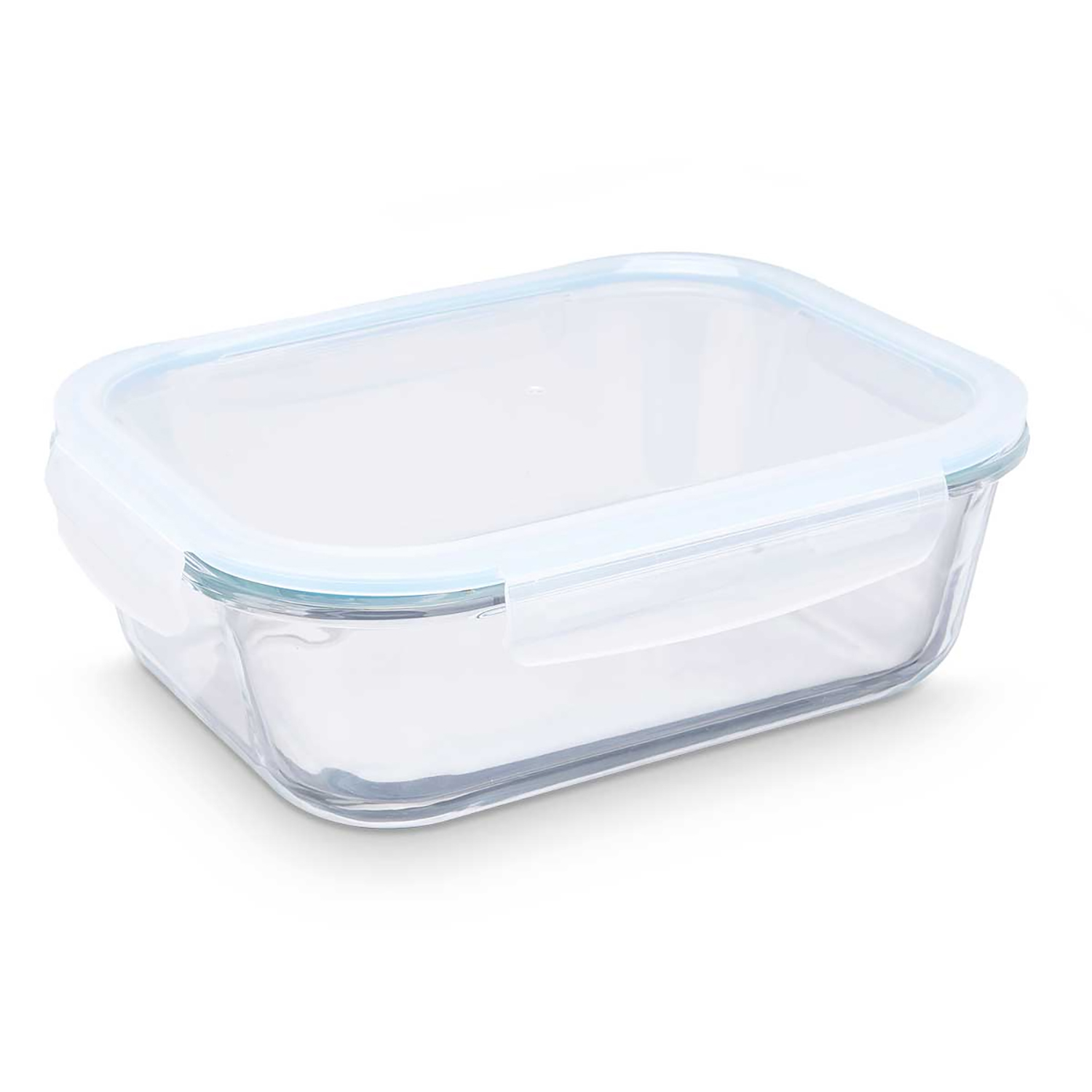 Un recipiente de vidrio rectangular transparente con tapa azul.