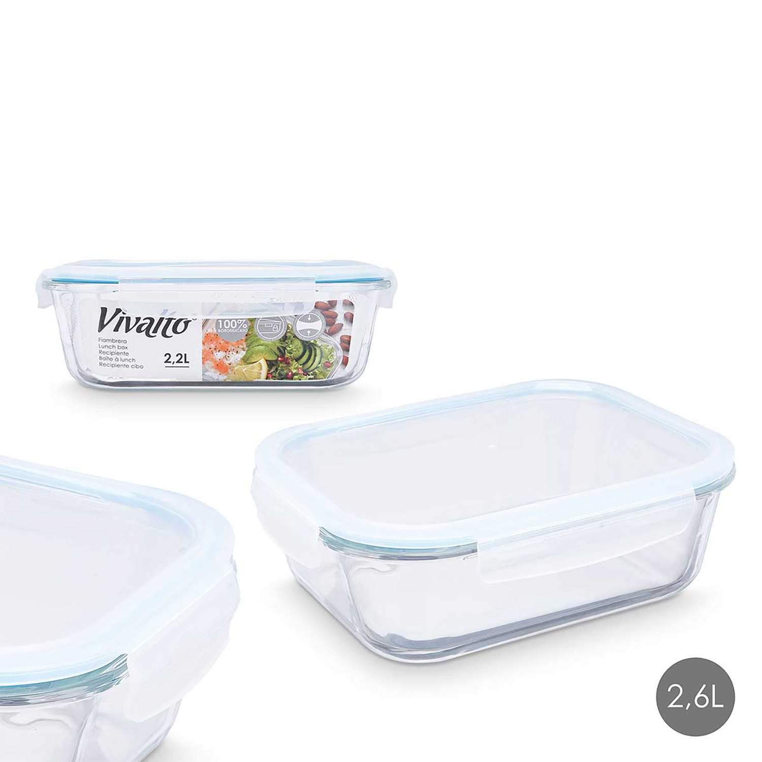 Contenedores de vidrio para alimentos con tapas azules. Uno tiene comida.