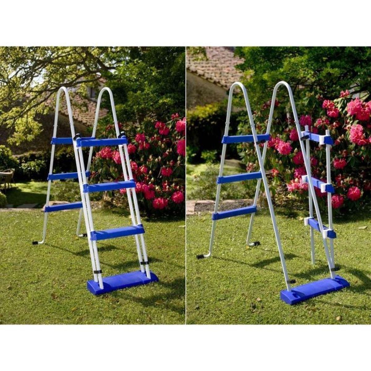 Dos escaleras en un jardín con césped, flores y una casa al fondo. Peldaños azules.
