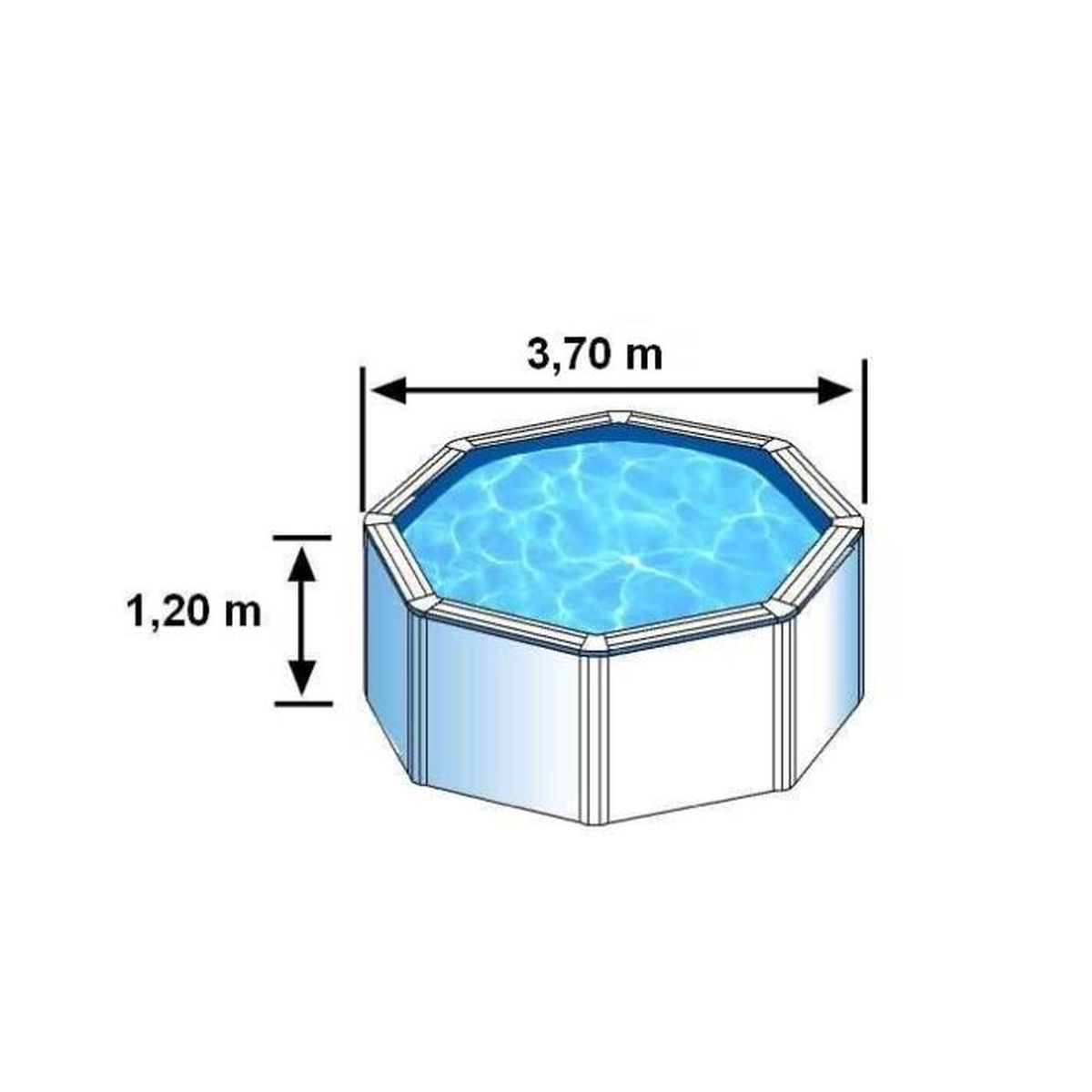 Piscina octogonal sobre el suelo con agua azul y etiquetas de dimensiones: 3,70 m ancho, 1,20 m alto.
