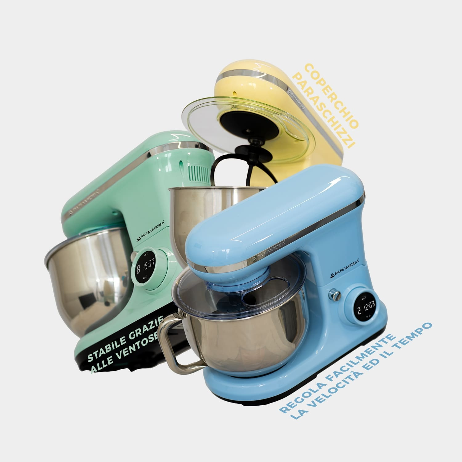 Quattro planetarie in diversi colori: giallo, verde menta e blu. Testo sulle caratteristiche.