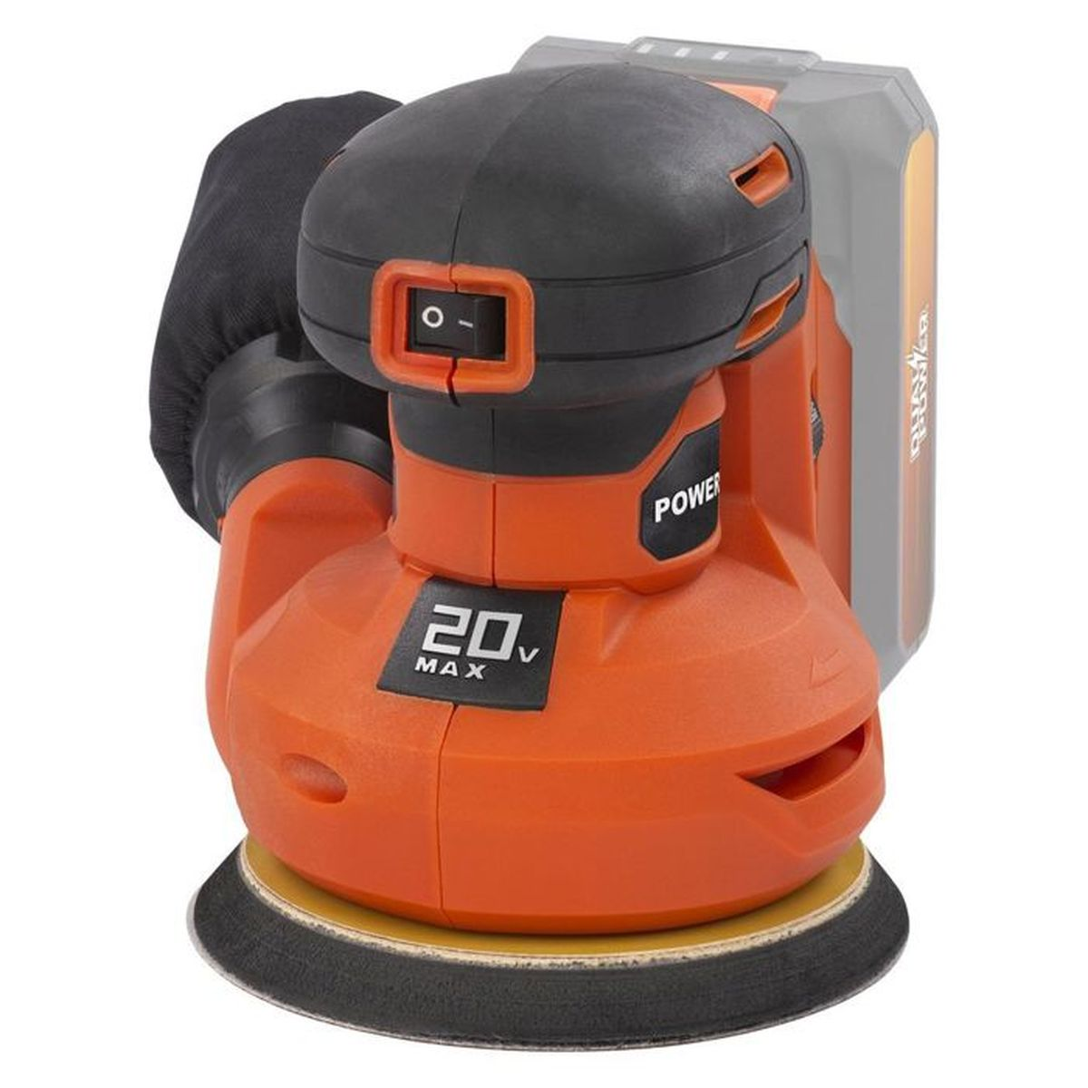 Una levigatrice elettrica arancione e nera con un'etichetta 20V MAX, con un pulsante di accensione/spegnimento, isolata su bianco.