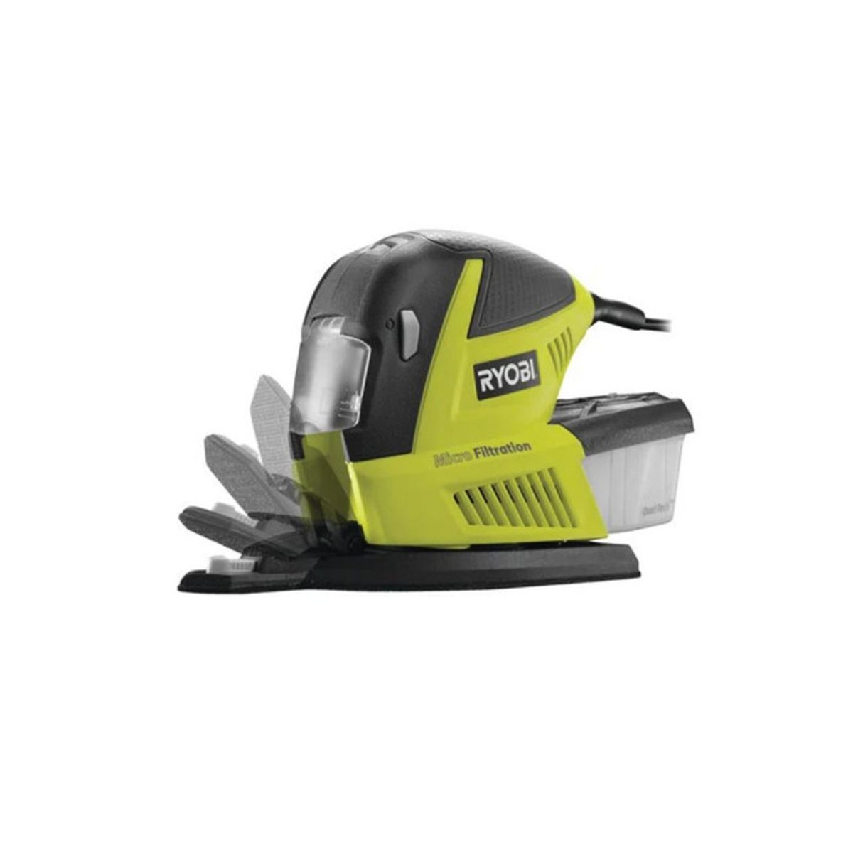 Una levigatrice a micro filtrazione Ryobi nera e verde, con un contenitore per la polvere.