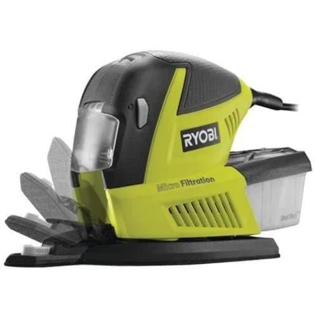 Levigatrice Ryobi gialla e nera con parte superiore nera, sfondo bianco e sistema di filtraggio.