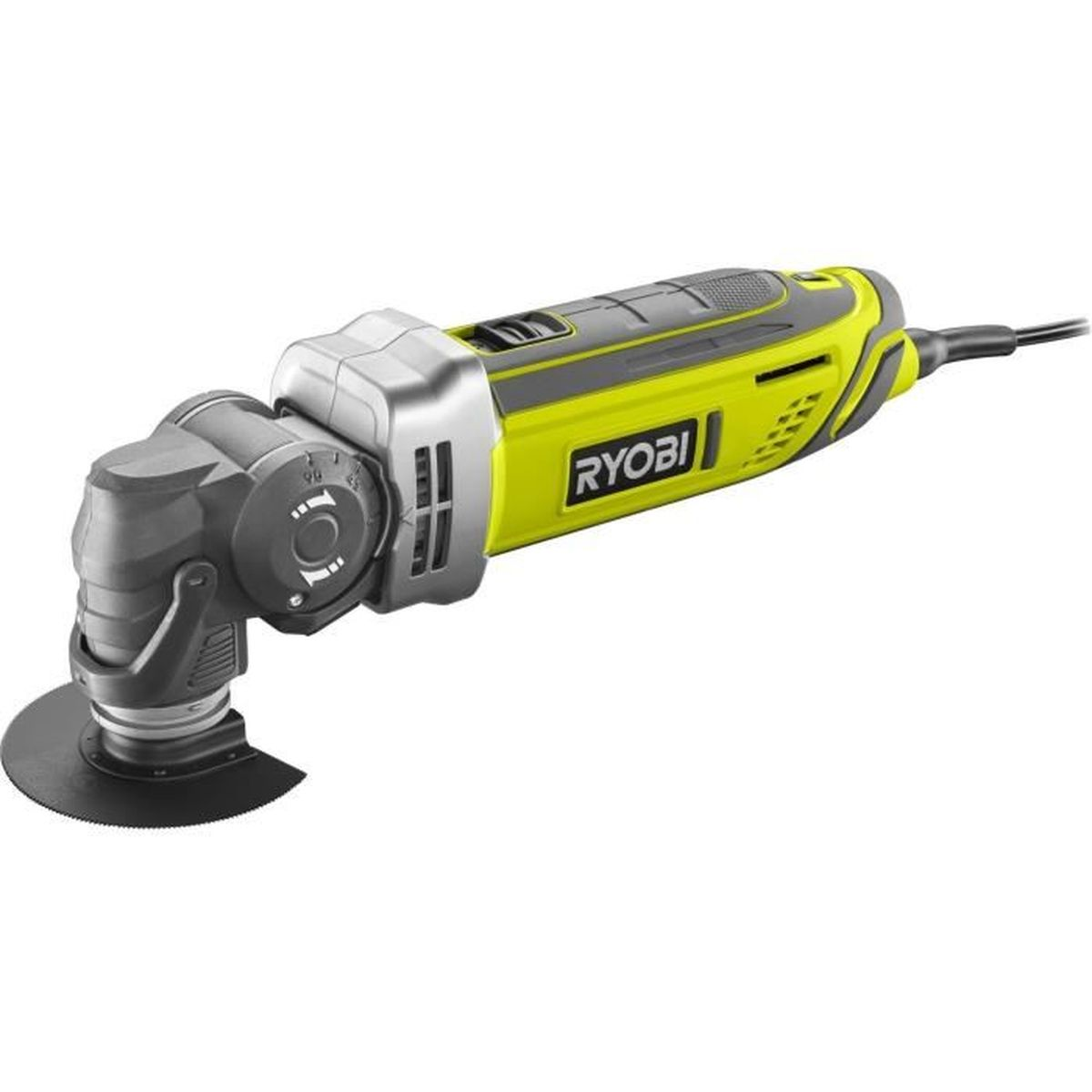 Ryobi oszillierendes Multitool, silber und gelb, mit schwarzen Details, auf weiß.