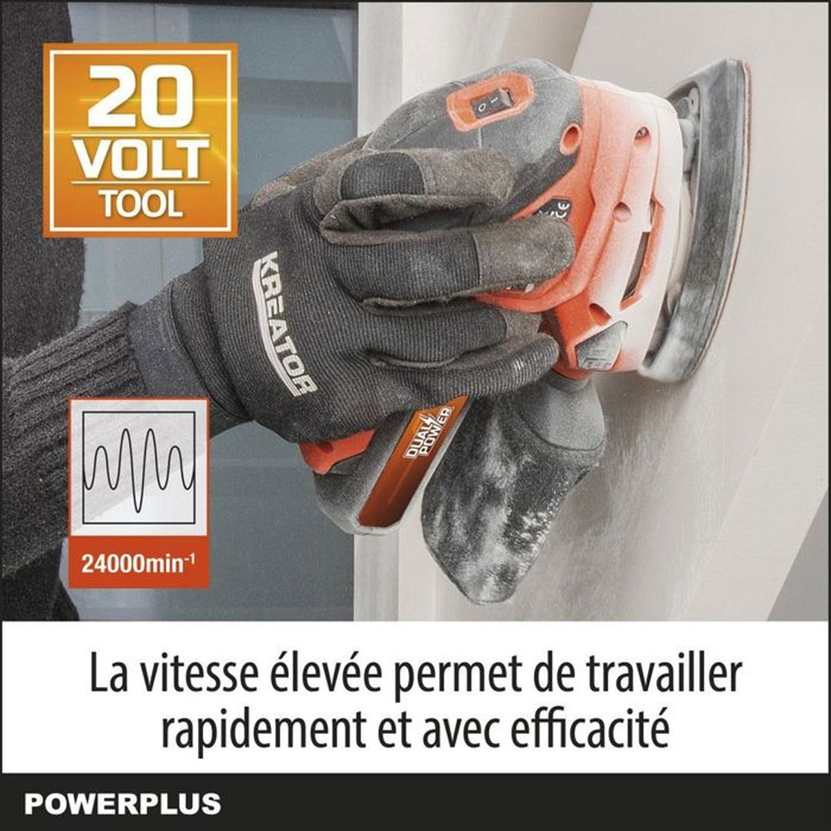 Una levigatrice in uso, che indossa guanti e un testo in francese.