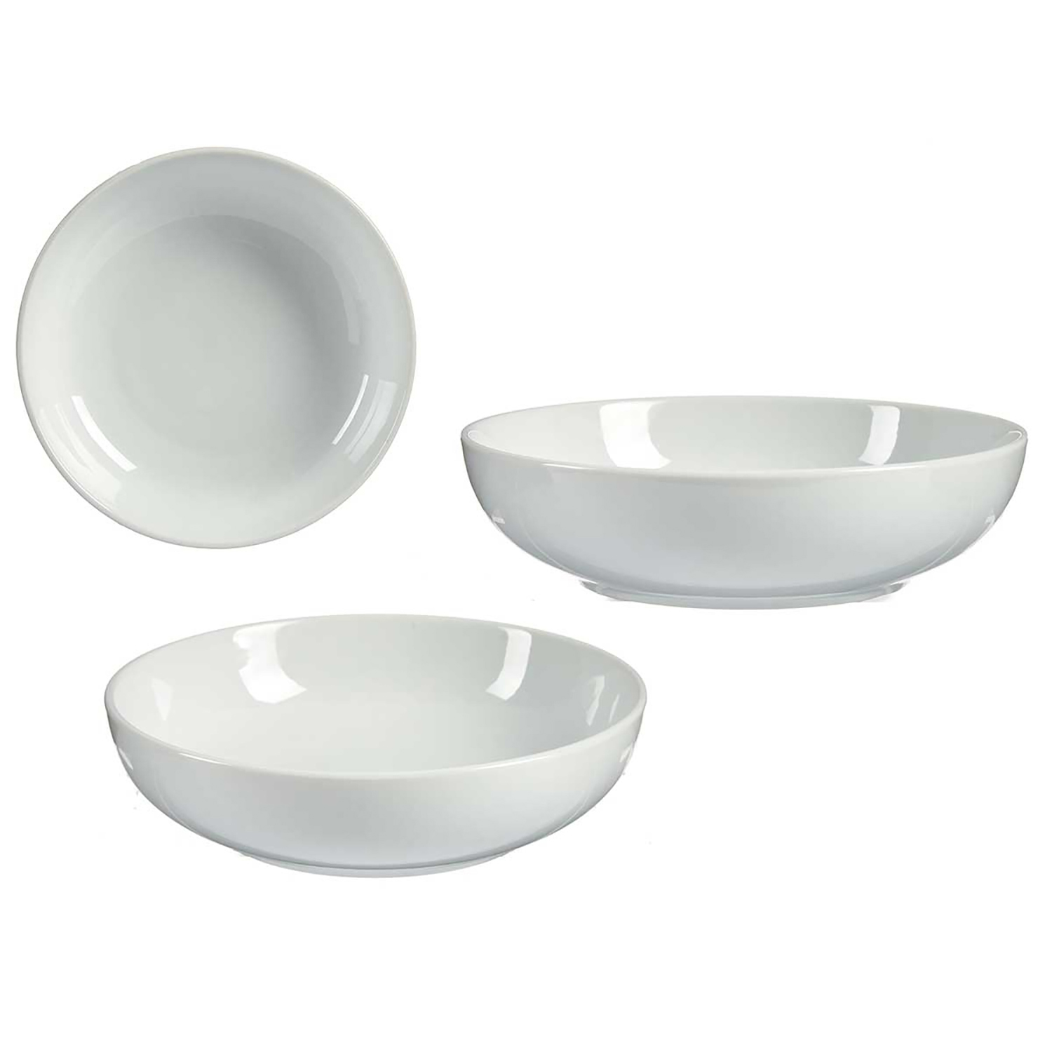 Tre ciotole in ceramica bianca su sfondo bianco, una dall'alto, due di lato.