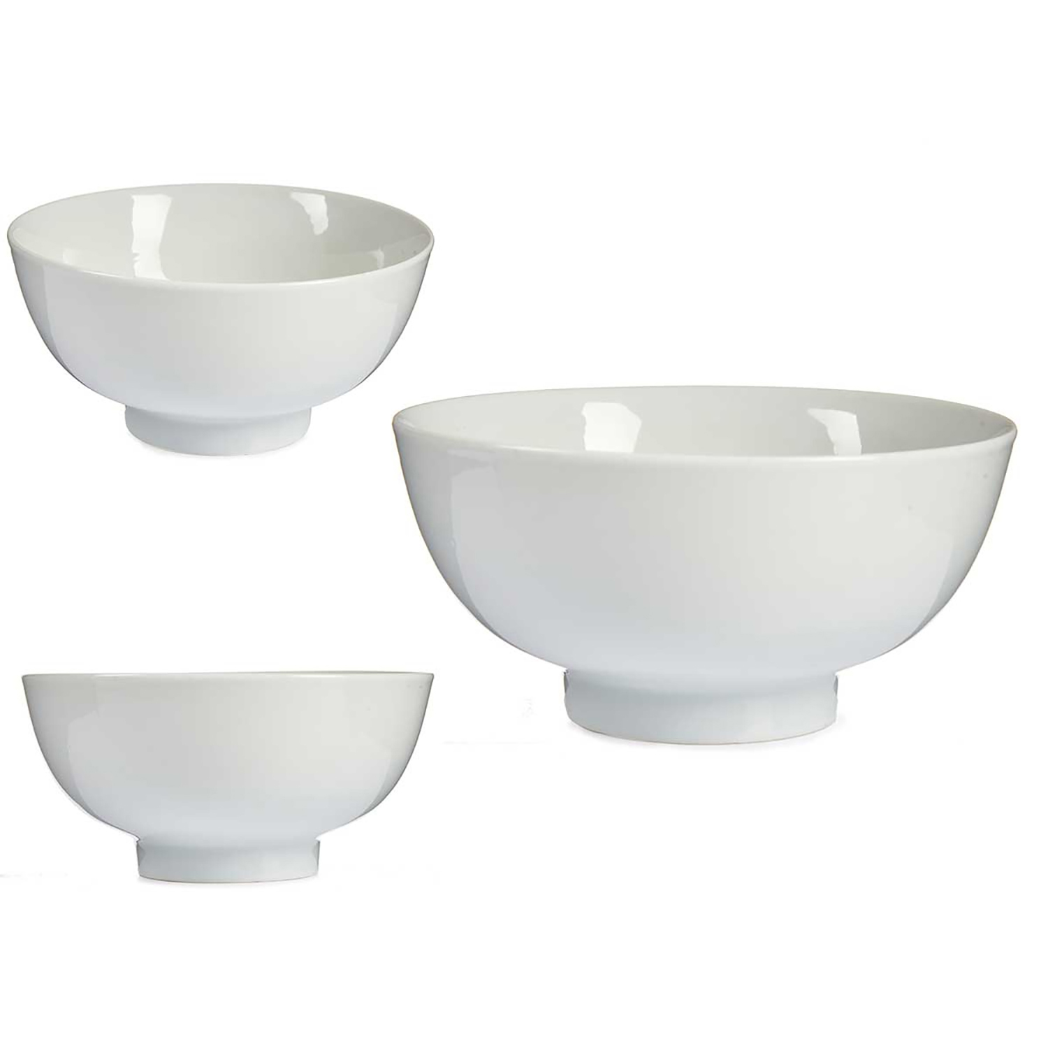 Drei weiße Schalen in verschiedenen Größen, jede mit rundem Boden und gebogenem Oberteil.