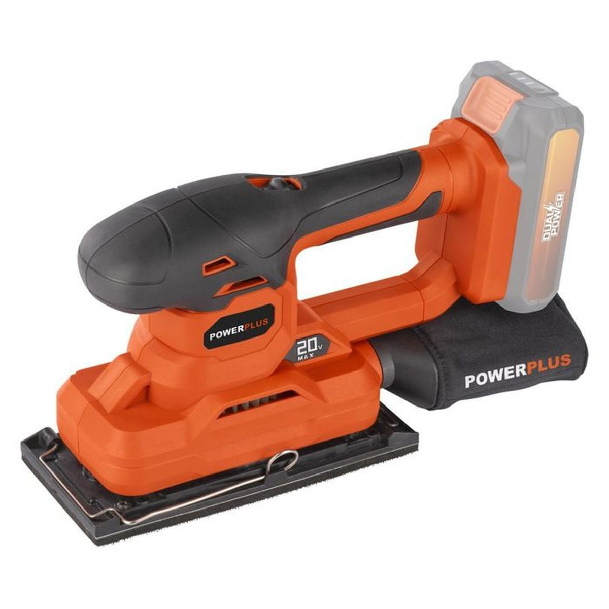 Ein orangefarbener und schwarzer Power-Tools-Schleifer mit schwarzem Beutel und Akku.