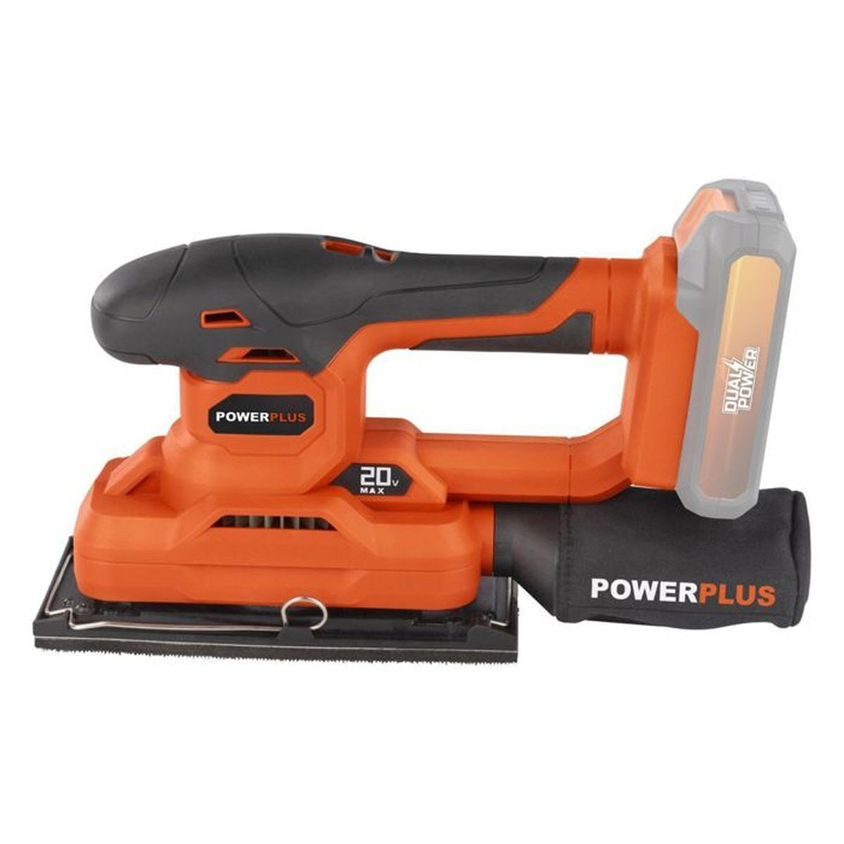Orange und schwarzer Powerplus Schleifer, mit Staubbeutel, auf weißem Hintergrund.