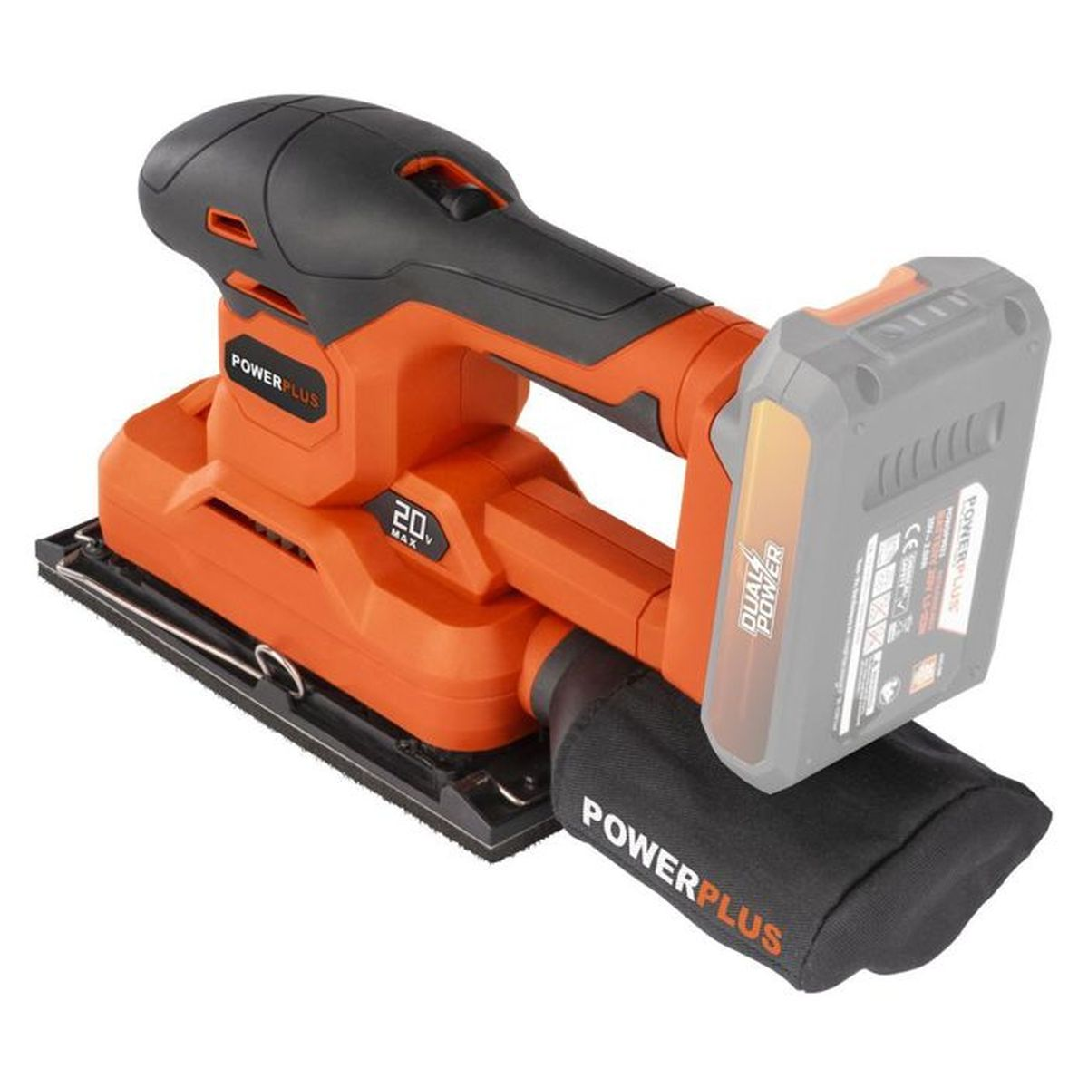 Ein orange-schwarzer Power-Sander mit einem schwarzen Staubbeutel. Er hat einen Akku.