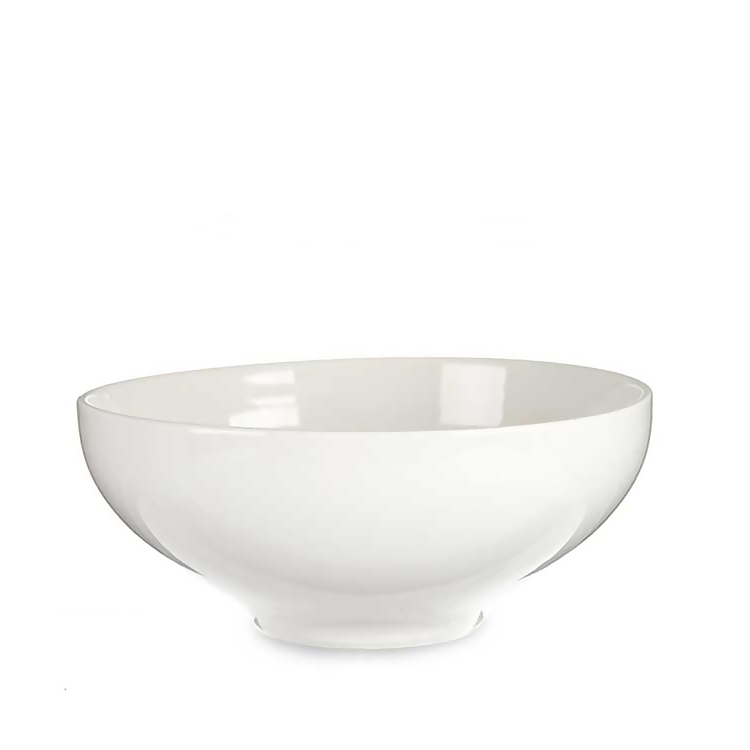 Ciotola in ceramica bianca, design semplice, lati curvi, base rotonda. Vuota, su superficie bianca.
