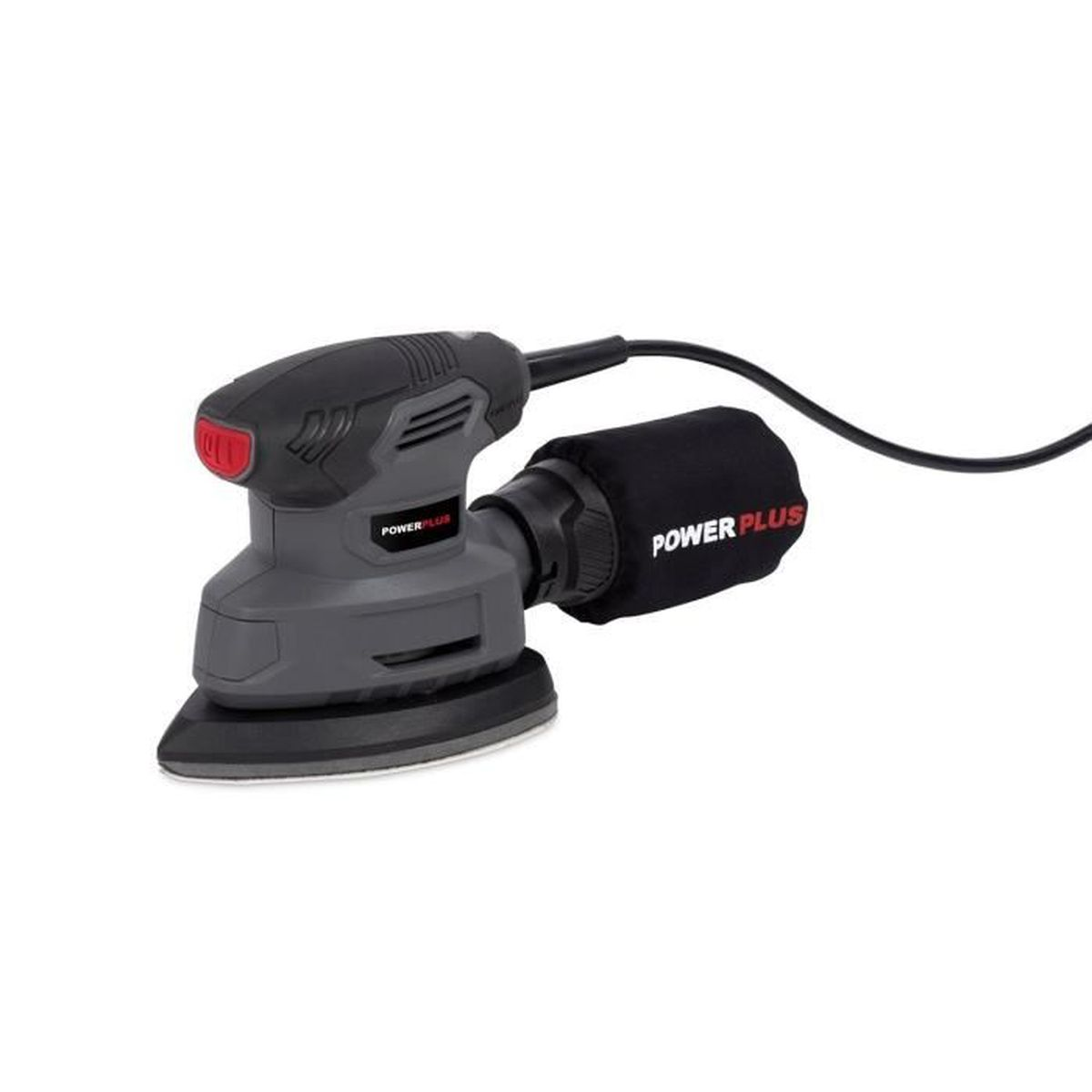 Schwarz-grauer Schleifer mit Staubbeutel, Markenname Power Plus.