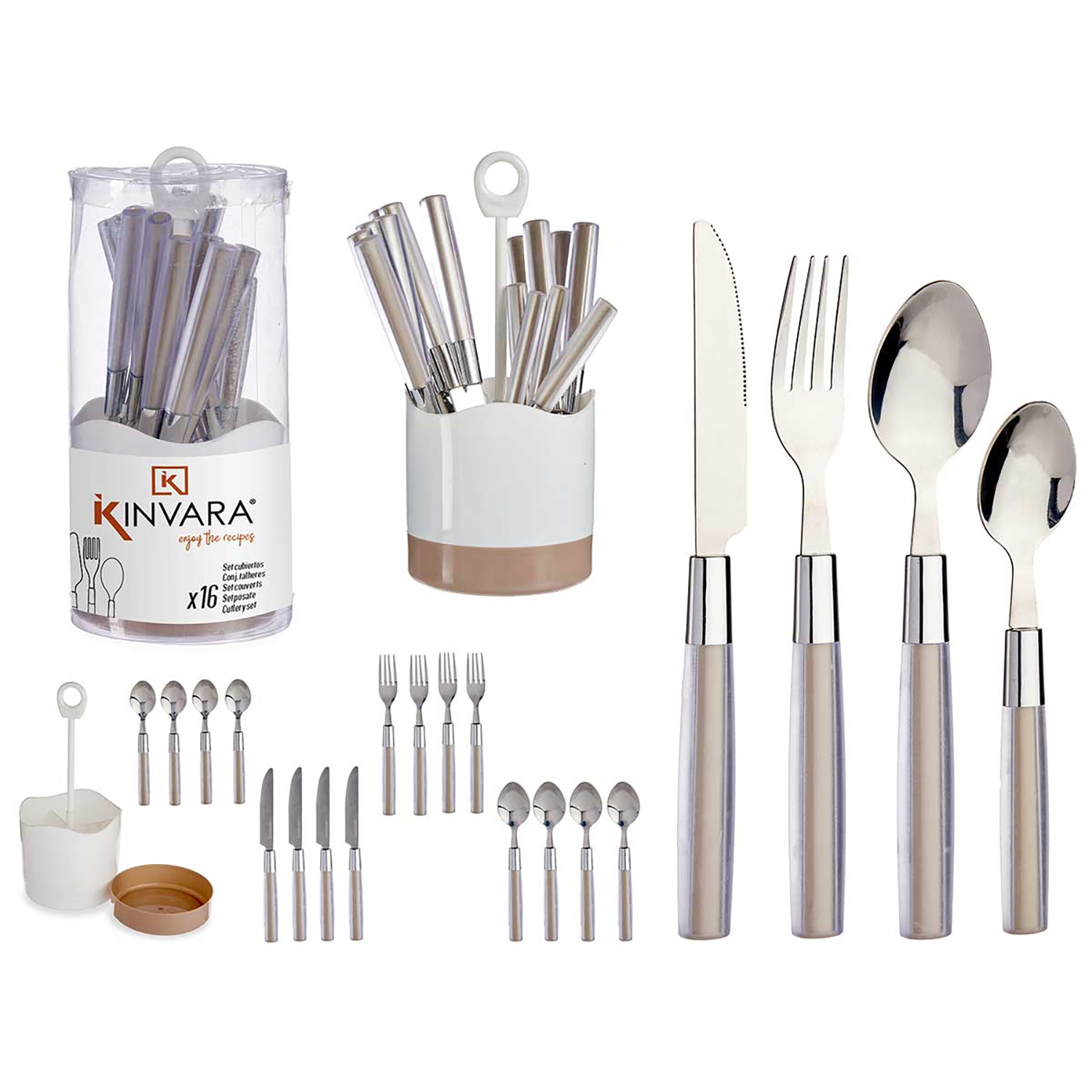 Juego de cubiertos con tenedores, cucharas, cuchillos y utensilios.