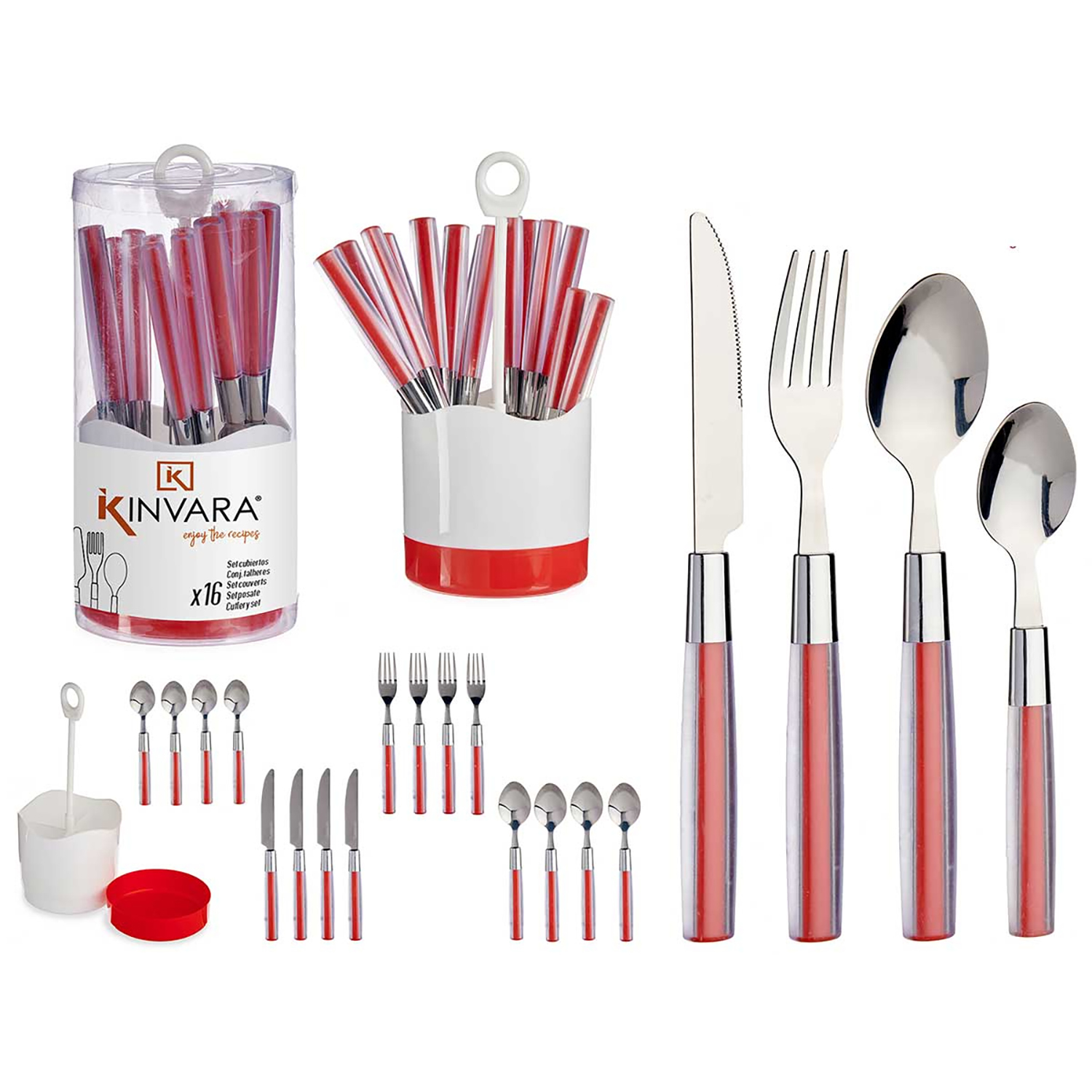 Juego de cubiertos: cuchillos, tenedores, cucharas. Mangos rojos, recipiente transparente. Fondo blanco.