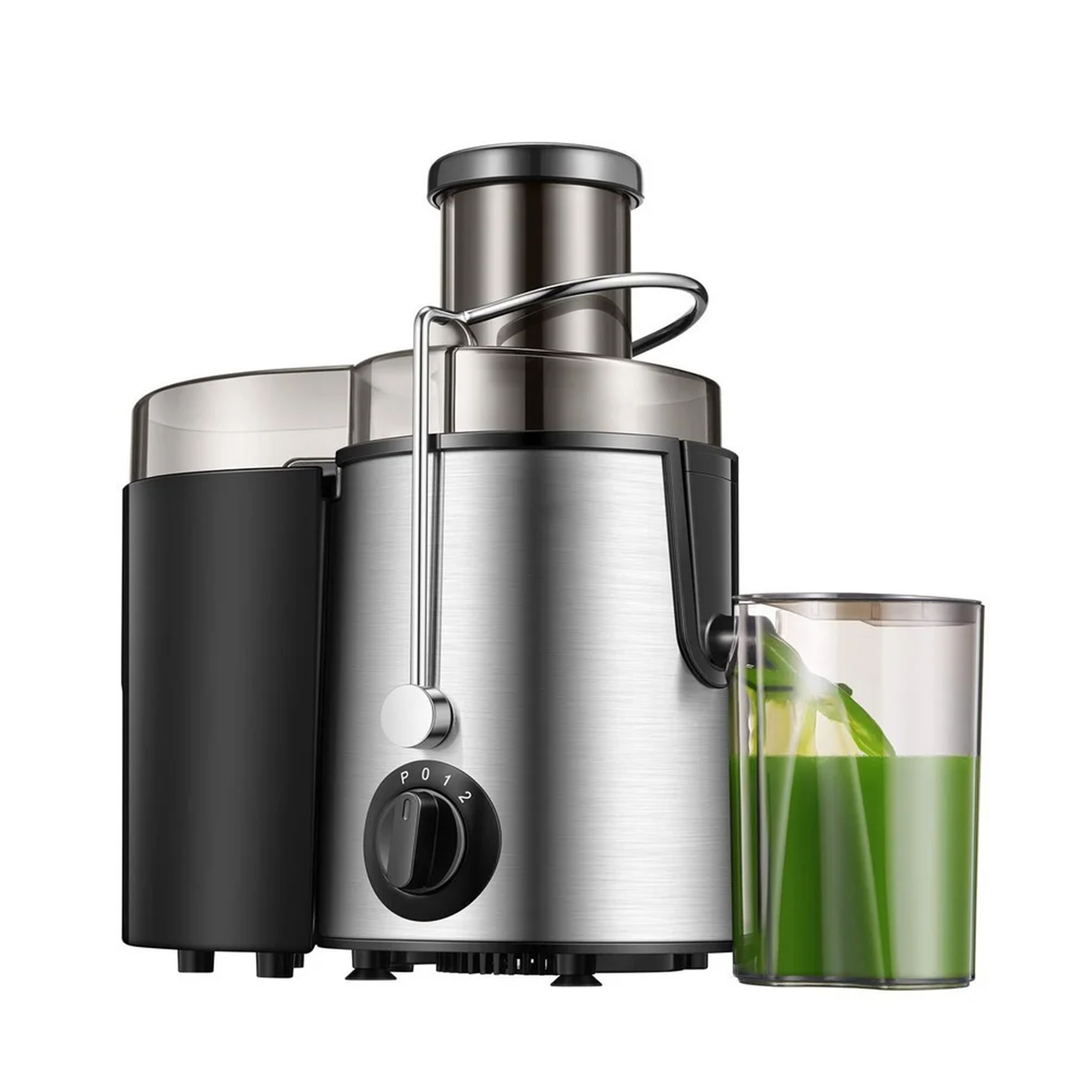 Estrattore di succo con corpo in acciaio inox e succo verde in un bicchiere a lato.