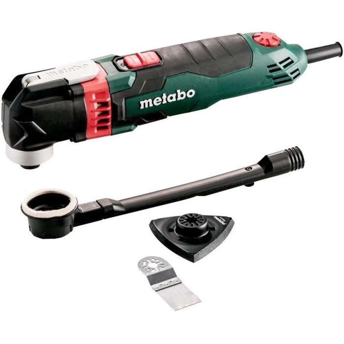 Grünes und schwarzes Multitool mit Aufsätzen auf weißem Untergrund.