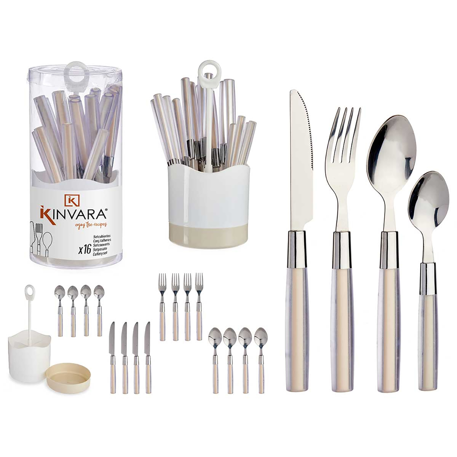 Juego de cubiertos con cucharas, tenedores y cuchillos en un recipiente. Fondo blanco.
