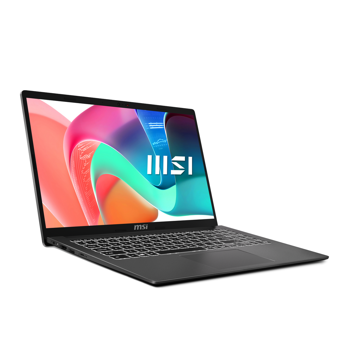 Un portátil abierto con un diseño abstracto colorido en la pantalla. El portátil es gris oscuro.
