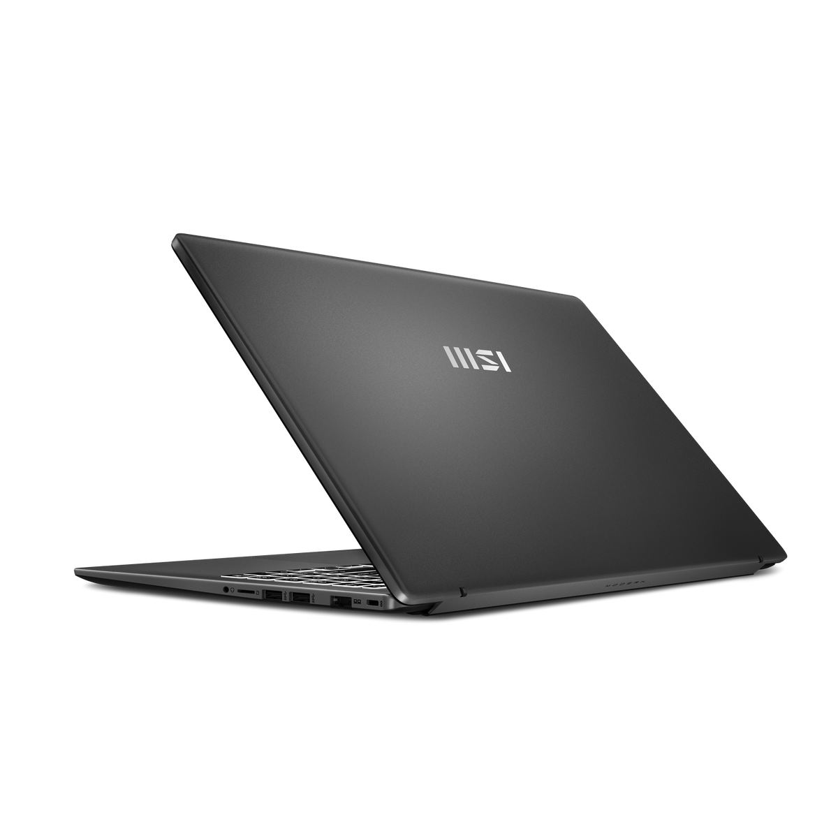 Laptop MSI, vista trasera, negro, ligeramente inclinado sobre fondo oscuro.