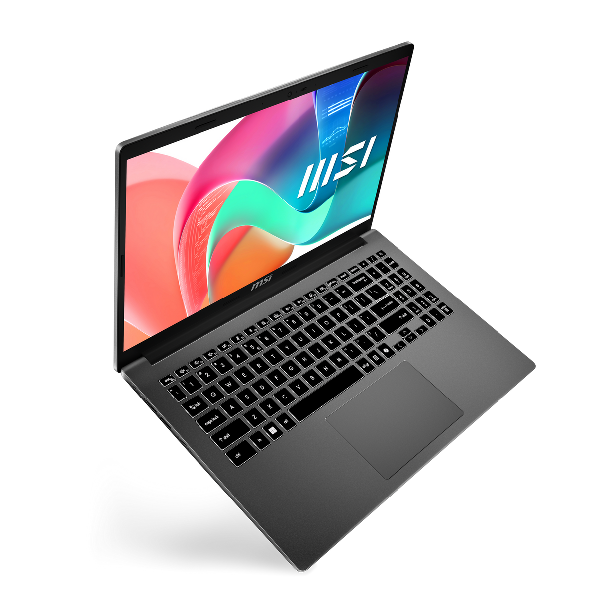 Portátil MSI abierto, mostrando teclado y pantalla. Vista en ángulo, cuerpo negro, pantalla colorida. Fondo oscuro.