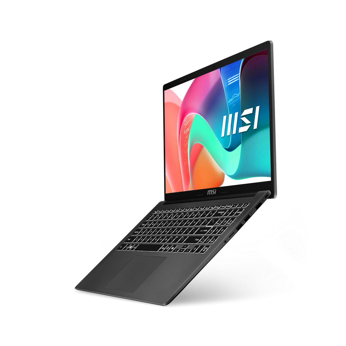 Una computadora portátil MSI negra abierta que muestra una pantalla colorida.