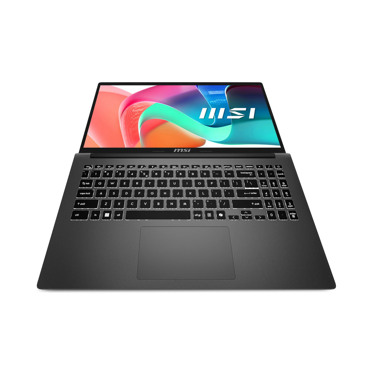Portátil MSI negro abierto. La pantalla muestra arte abstracto. Teclado con retroiluminación blanca visible.
