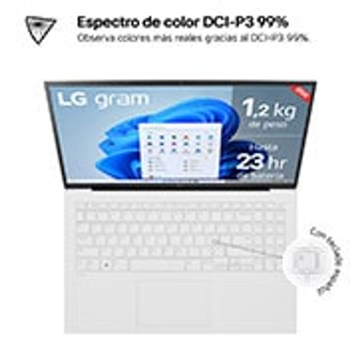 Portátil con teclado blanco, mostrando una pantalla con imagen azul e interfaz blanca.