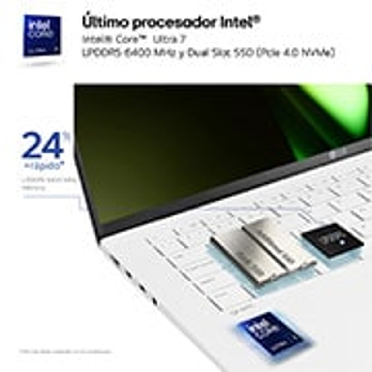 Laptop con procesador Intel Core Ultra 7. El texto incluye un 24% más rápido.