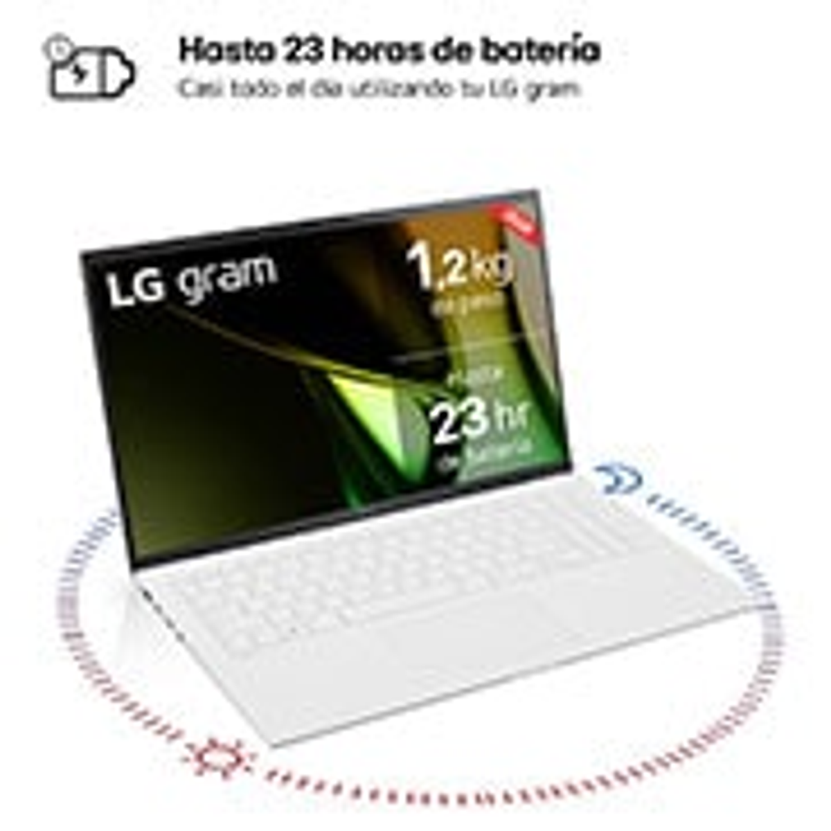 Una laptop LG gram blanca con gráficos informativos en su pantalla, incluida la duración de la batería.