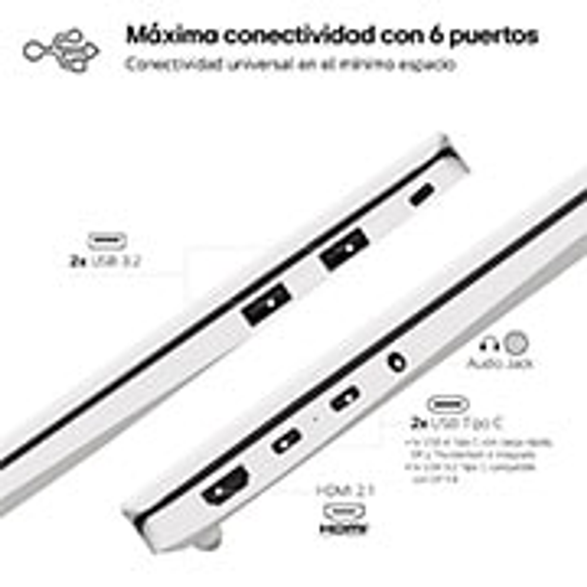 Primer plano de los puertos laterales de un portátil. Incluye puertos USB y HDMI. El texto menciona la conectividad universal.