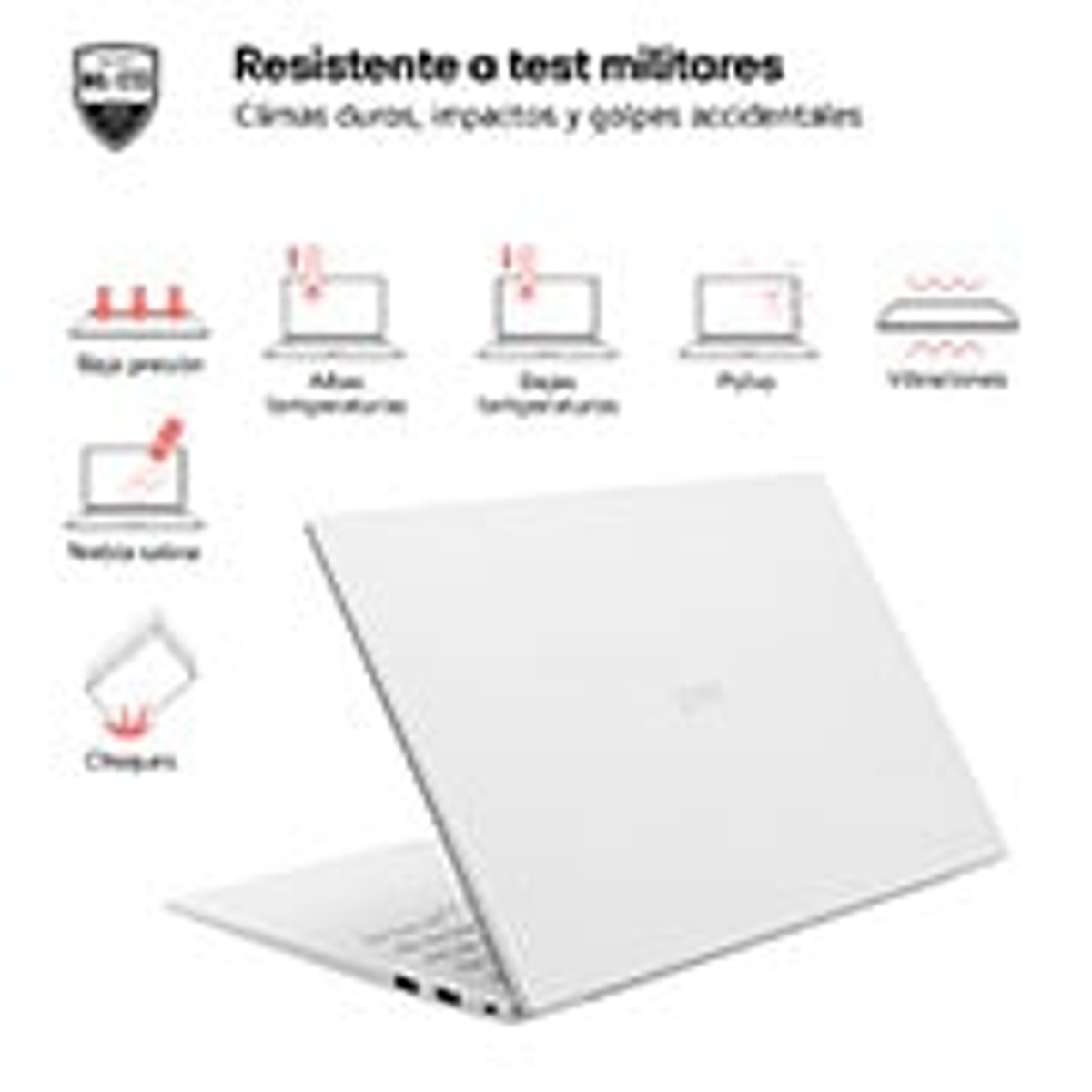 Laptop blanco con pantalla abierta, con iconos y texto que indican características robustas.