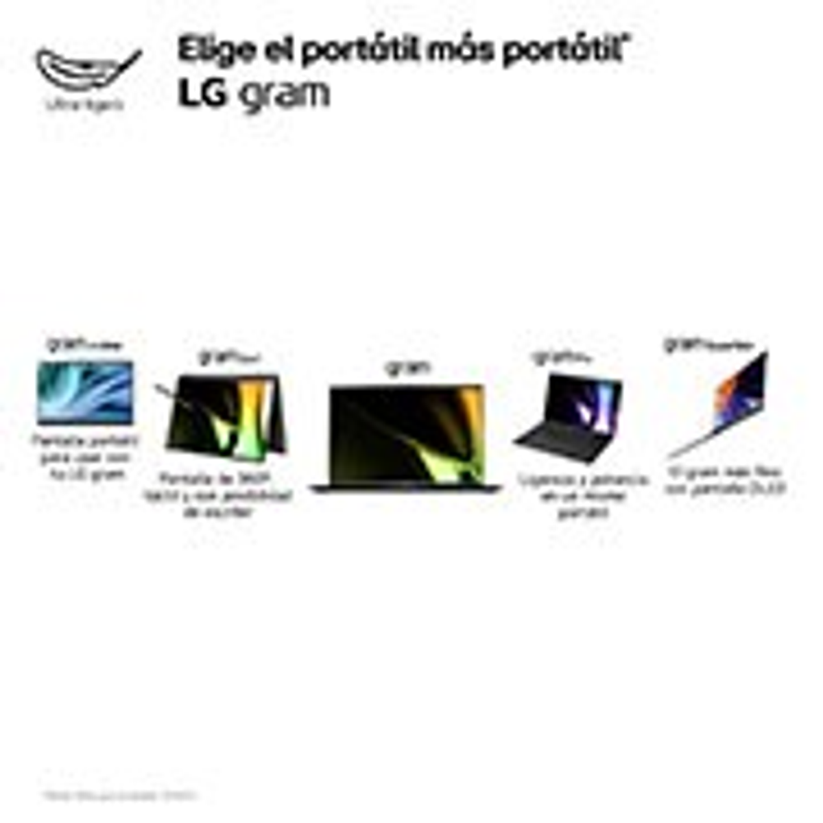 Un anuncio con múltiples imágenes de portátiles, promocionando la serie 'LG gram'.