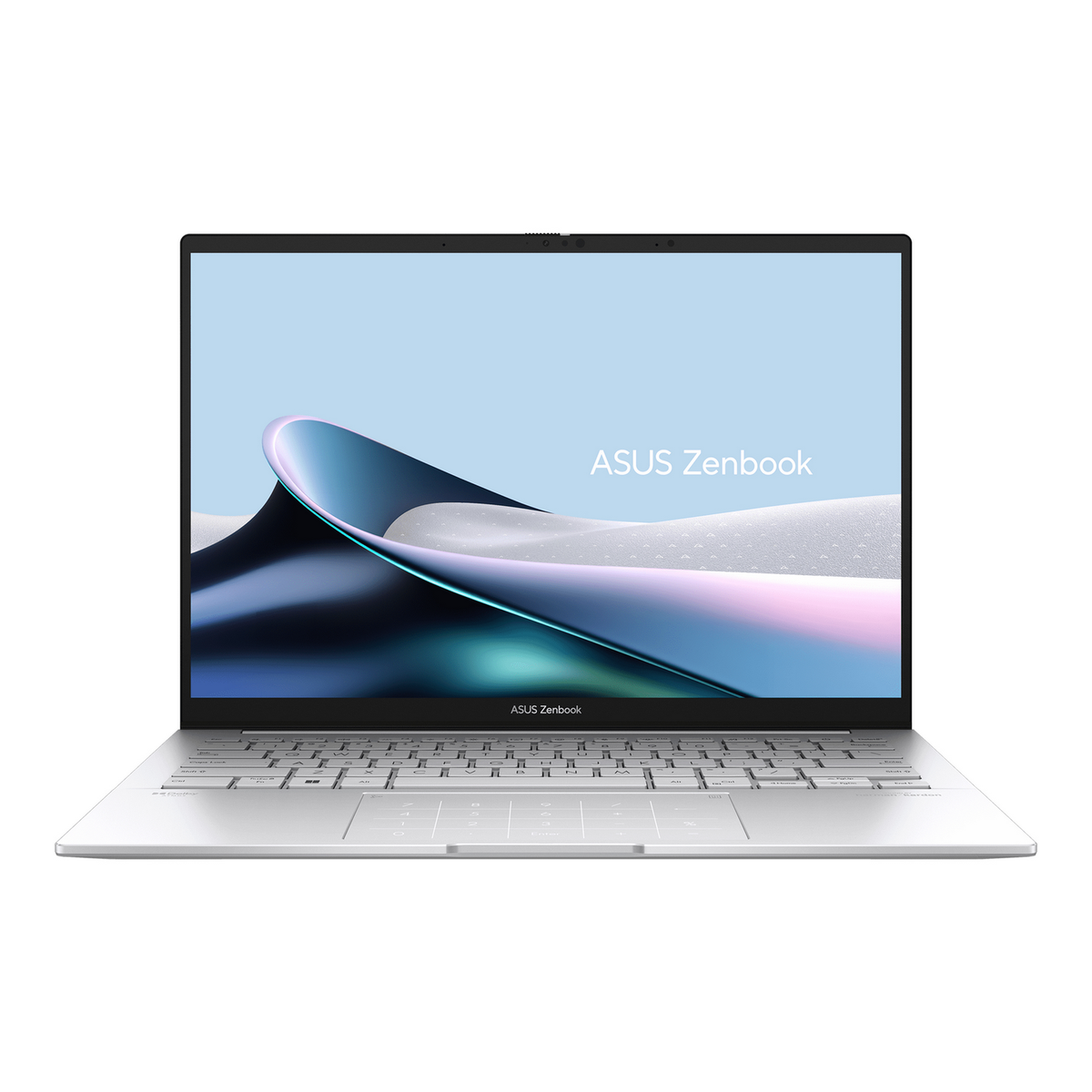 Portátil ASUS Zenbook plateado abierto, mostrando una pantalla con fondo azul y blanco.