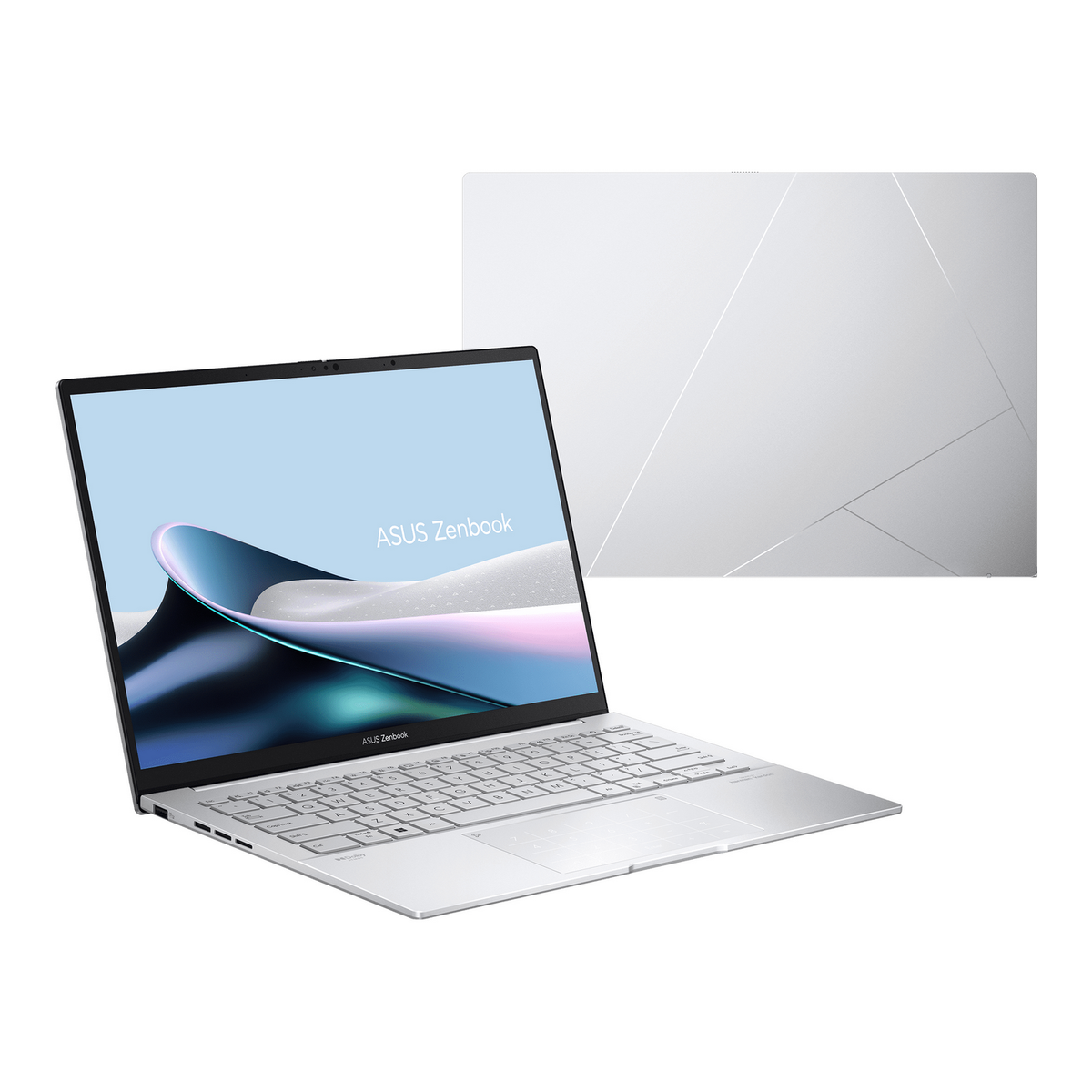 Laptop ASUS Zenbook plateado, abierto, en ángulo, mostrando la pantalla y la parte trasera con líneas.