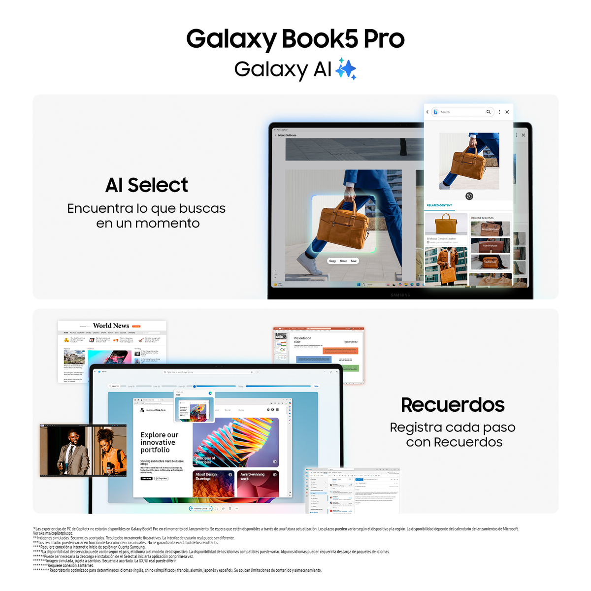 Capturas de pantalla del Samsung Galaxy Book5 Pro. Textos en español, con imágenes de un bolso de cuero.