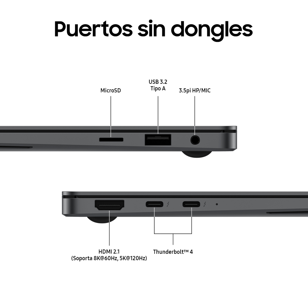 Primer plano del lateral de un portátil, mostrando puertos: MicroSD, USB, conector de audio, HDMI, Thunderbolt 4.