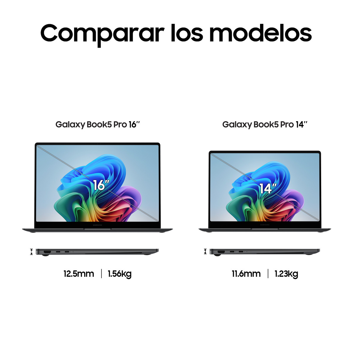 Comparación de portátiles Galaxy Book5 Pro: 16" vs 14". Muestra tamaños, grosor y peso.