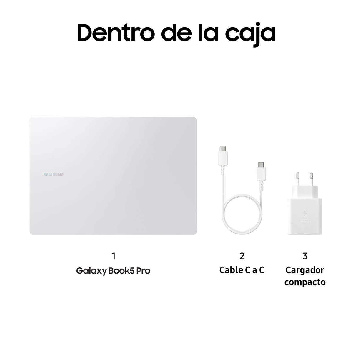 Ordenador portátil blanco, cable y cargador en la caja, con el texto "Dentro de la caja" arriba.