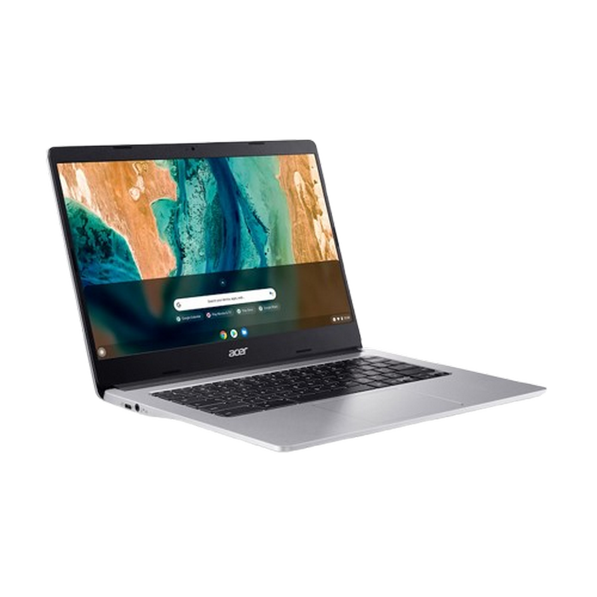 Portátil plateado con la interfaz de Chrome OS abierta. La pantalla muestra la interfaz de Chrome OS.