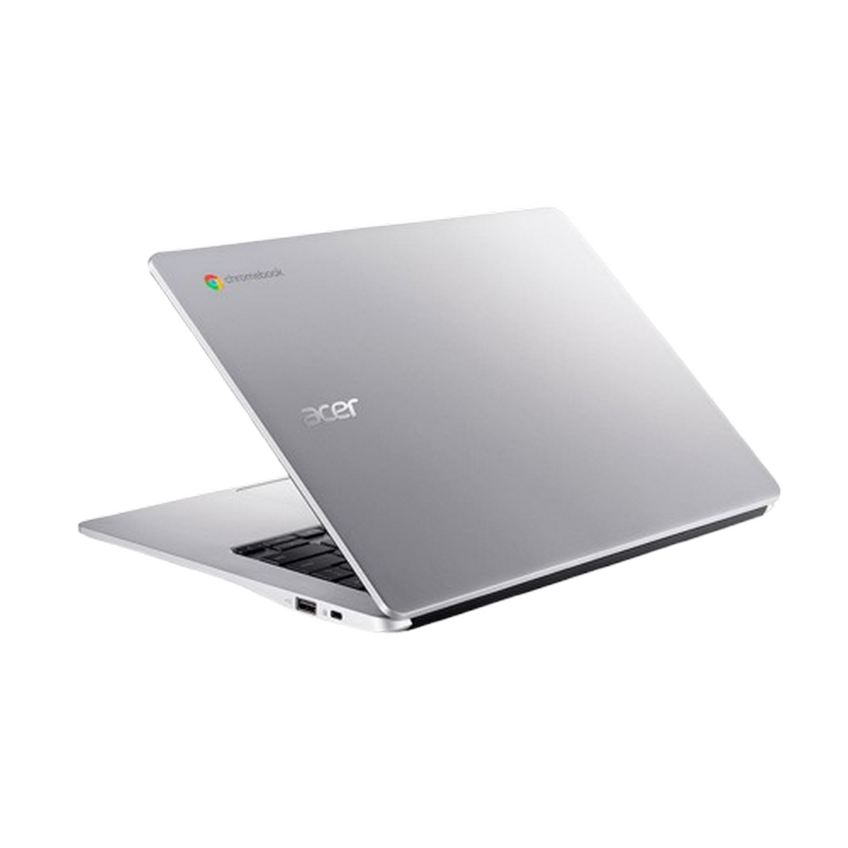 Una laptop Chromebook plateada, abierta, en ángulo lateral mostrando la parte trasera de la pantalla.