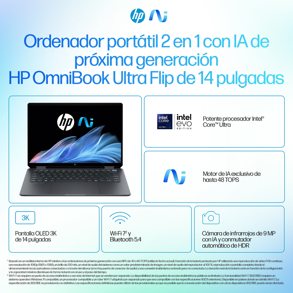 Una laptop blanca con texto y gráficos. Se muestran los logos de Intel, HP y otros.