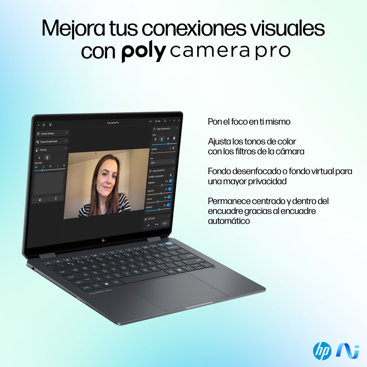 Laptop con interfaz y texto sobre funciones de cámara.